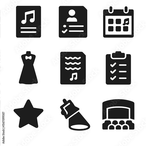 Music Recital Icons. Solid, filled icons set of music recital preparation: concert flyer, audition form,