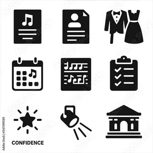 Music Recital Icons. Solid, filled icons set of music recital preparation: concert flyer, audition form,