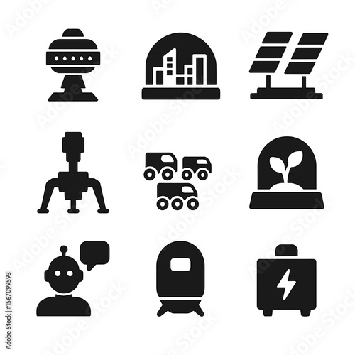 Space Colonization Icons. Solid, filled icon set of future space colonization: space habitat, domed city, solar farm, resource
