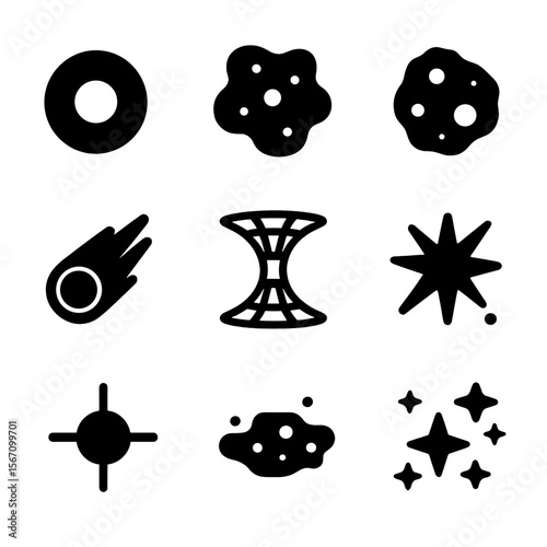 Space Phenomena Icons. Solid, filled icon set of space phenomena encountered: black hole, nebula, asteroid, comet, wormhole,