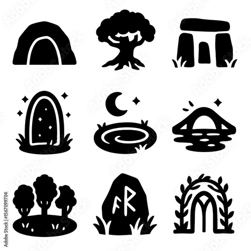 Mythical Forest Icons. Solid, filled icons set of mythical forest landmarks: hidden cave, ancient tree, stone