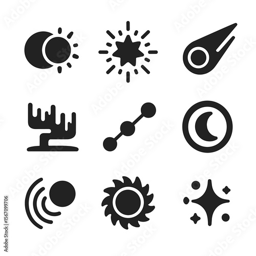 Space Phenomena Icons. Solid, filled icon set of space phenomena: eclipse, nova, comet, aurora borealis, planetary alignment, moon
