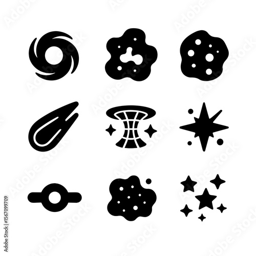 Space Phenomena Icons. Solid, filled icon set of space phenomena encountered: black hole, nebula, asteroid, comet, wormhole,
