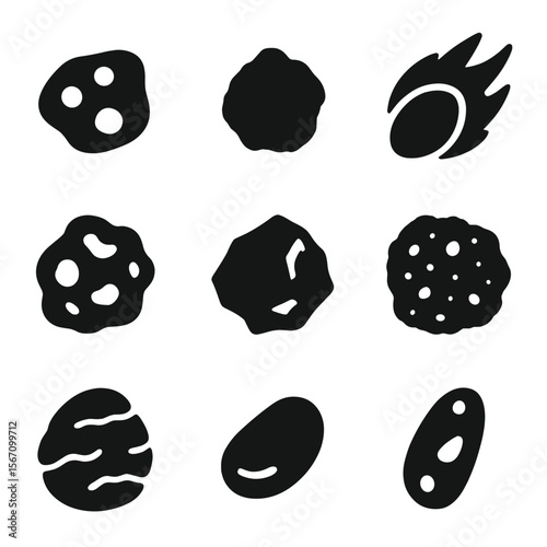 Space Rocks Icons. Solid, filled icon set of space rocks and meteoroids: meteorite, micrometeorite, bolide, stony meteorite, iron