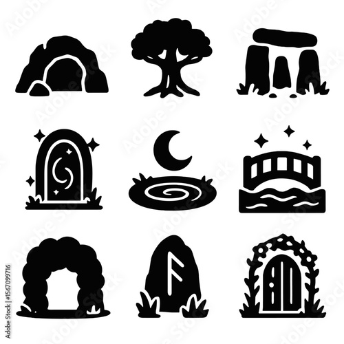 Mythical Forest Icons. Solid, filled icons set of mythical forest landmarks: hidden cave, ancient tree, stone