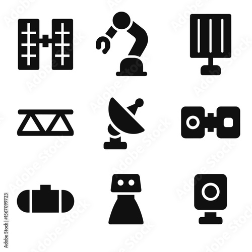 Space Station Icons. Solid, filled icon set of space station components: solar panel array, robotic arm, radiator panel, truss