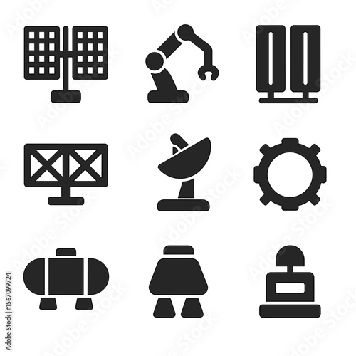 Space Station Icons. Solid, filled icon set of space station components: solar panel array, robotic arm, radiator panel, truss