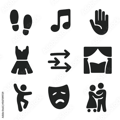Narrative Dance Icons. Solid, filled icons set of narrative dance elements: choreographic step, rhythm beat,