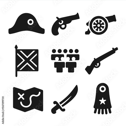Napoleonic War Icons. Solid, filled icons set of Napoleonic wars: bicorne hat, flintlock pistol, cannon wheel,