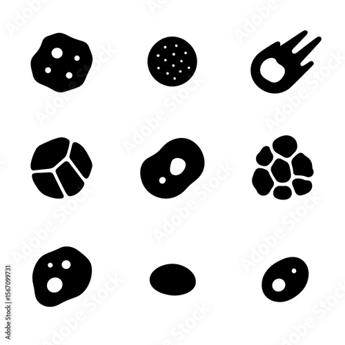 Space Rocks Icons. Solid, filled icon set of space rocks and meteoroids: meteorite, micrometeorite, bolide, stony meteorite, iron