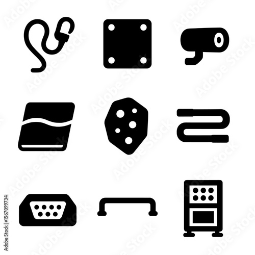 Space Station Icons. Solid, filled icon set of external station systems: spacewalk tether, hull panel, exterior camera, thermal