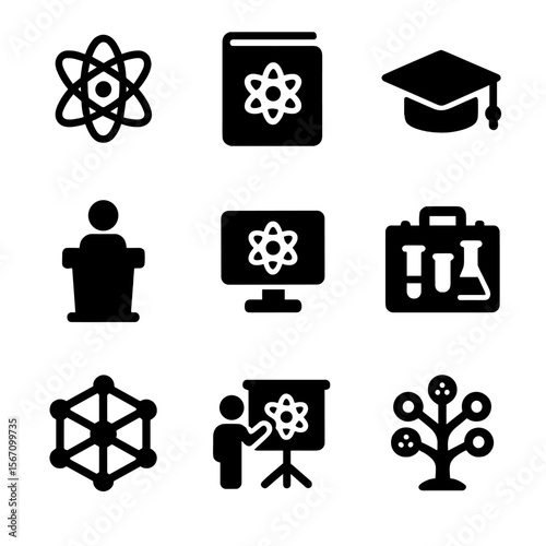 Nanotechnology Education Icons. Solid, filled icons set of nanotechnology education: atom model, science book,