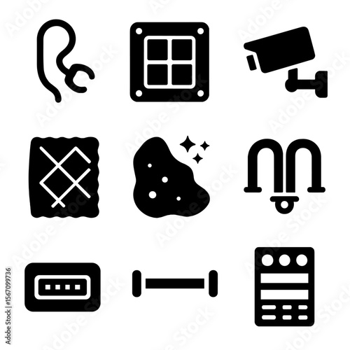 Space Station Icons. Solid, filled icon set of external station systems: spacewalk tether, hull panel, exterior camera, thermal