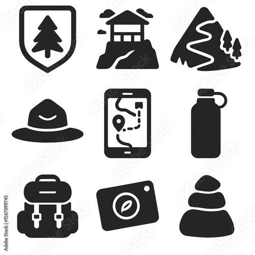 National Park Icons. Solid, filled icons set of national park day hikes: park badge, viewpoint icon, elevation