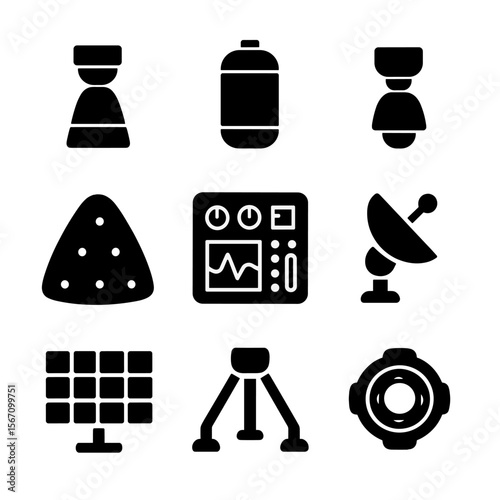 Spacecraft Components Icons. Solid, filled icon set of spacecraft components: rocket engine, fuel tank, thruster, heat shield,