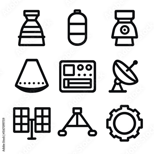 Spacecraft Components Icons. Solid, filled icon set of spacecraft components: rocket engine, fuel tank, thruster, heat shield,