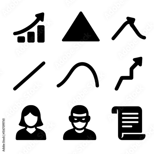 Narrative Structure Icons. Solid, filled icons set of narrative structure elements: rising action, climax peak