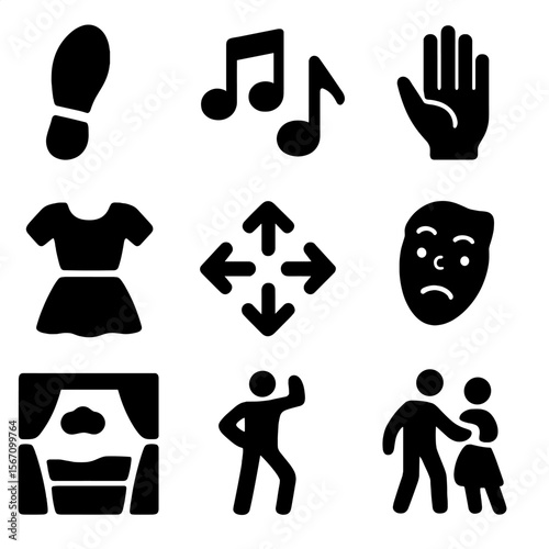 Narrative Dance Icons. Solid, filled icons set of narrative dance elements: choreographic step, rhythm beat,