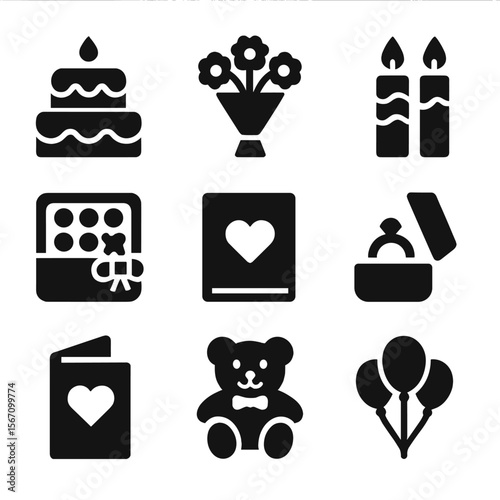 Special Occasion Icons. Solid, filled icon set of special occasion gifts: anniversary cake, flowers, candles, chocolates, photo