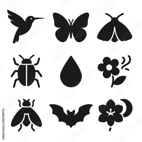 Native Pollinators Icons. Solid, filled icons set of native pollinators beyond bees: hummingbird, butterfly,