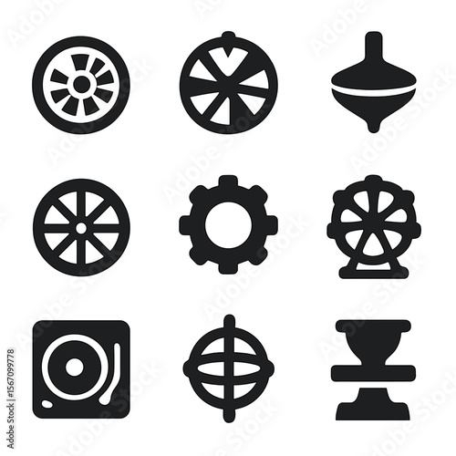 Spinning Wheels Icon Grid. Solid, filled icon set of spinning wheels: roulette wheel, wheel of fortune, spinning top, bicycle