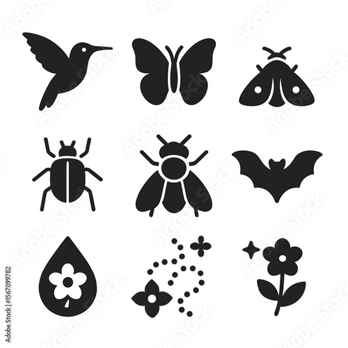 Native Pollinators Icons. Solid, filled icons set of native pollinators beyond bees: hummingbird, butterfly,