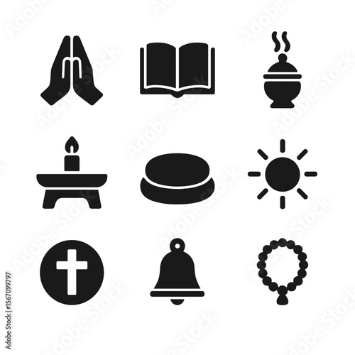 Spiritual Symbols Icon Set. Solid, filled icon set of ritual and spiritual symbols: prayer hands, open book, incense burner, altar