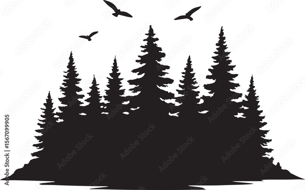 Fototapeta premium Forest Silhouette Vector, Pine Trees with Flying Birds for Nature, Wilderness, and Outdoor Themes