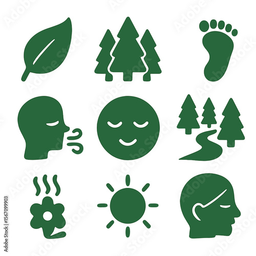 Nature Calm Icons. Solid, filled icons set of forest bathing and quiet moments: green leaf, forest icon, slow