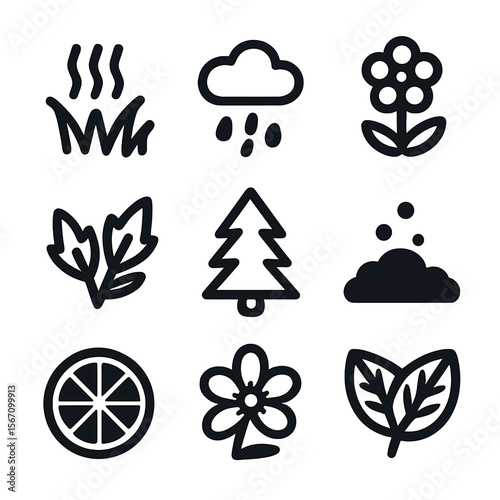 Spring Scents Icon Set. Solid, filled icon set of Spring scents and aromas: fresh grass, rain, flowers, herbs, pine, earth, citrus