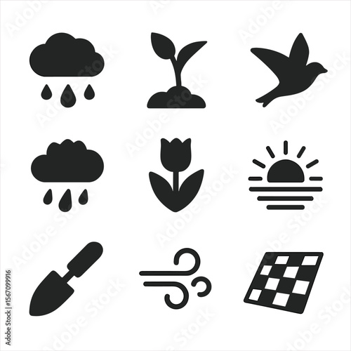 Spring Transition Icons. Solid, filled icon set of seasonal transitions to spring: melting snow, sprouting bud, migrating bird,