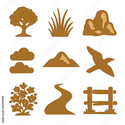 Nature Elements Icons. Solid, filled icons set of natural elements in warm light: lone tree, tall grass, rock