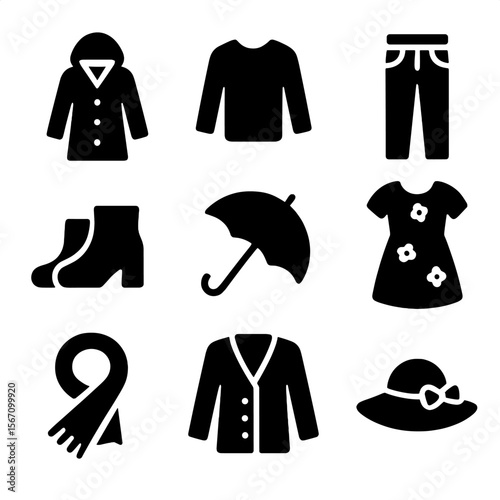 Spring Wardrobe Icons. Solid, filled icon set of spring wardrobe items: raincoat, light sweater, jeans, ankle boots, umbrella,