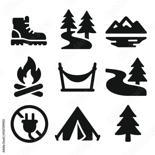 Nature Escape Icons. Solid, filled icons set of time spent in nature, away from the digital world: hiking