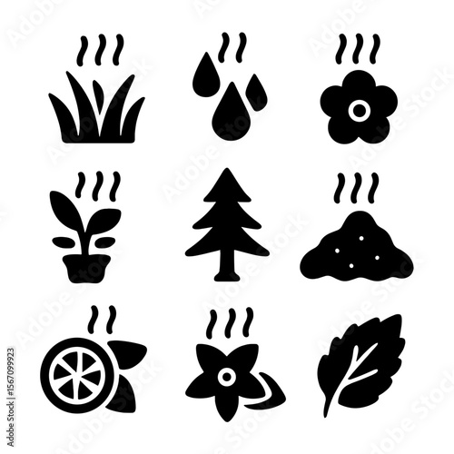 Spring Scents Icon Set. Solid, filled icon set of Spring scents and aromas: fresh grass, rain, flowers, herbs, pine, earth, citrus