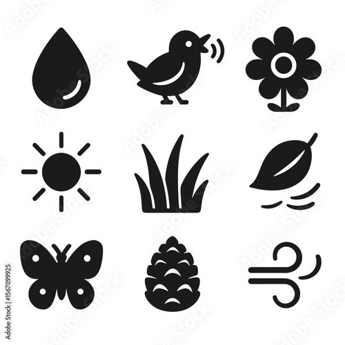 Nature Icons Grid. Solid, filled icons set of nature elements during early morning jog: dew drop, chirping