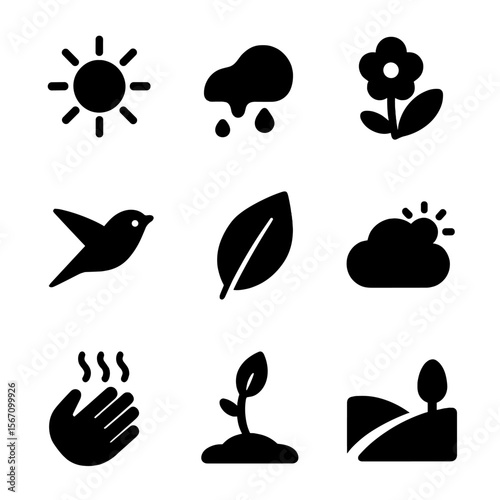 Spring Renewal Icons. Solid, filled icon set of seasonal renewal: spring sun, snow melting, early bloom, migrating bird, fresh