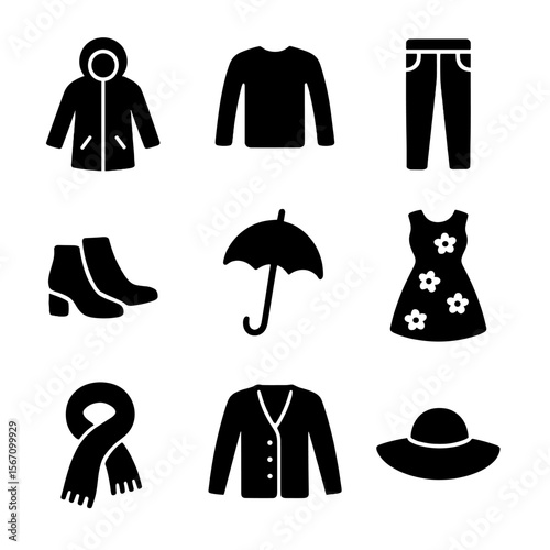 Spring Wardrobe Icons. Solid, filled icon set of spring wardrobe items: raincoat, light sweater, jeans, ankle boots, umbrella,