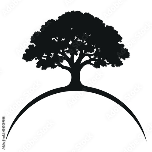 High quality silhouette vector of a large tree standing atop a curved wold, symbolizing strength, nature, life, and balance. Perfect for eco-friendly campaigns, environmental awareness.