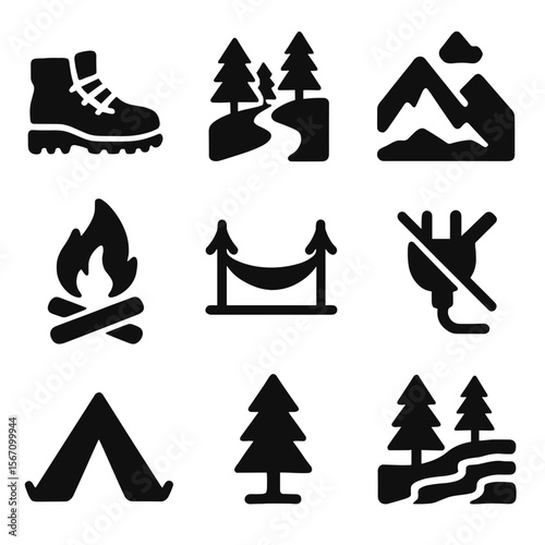 Nature Escape Icons. Solid, filled icons set of time spent in nature, away from the digital world: hiking