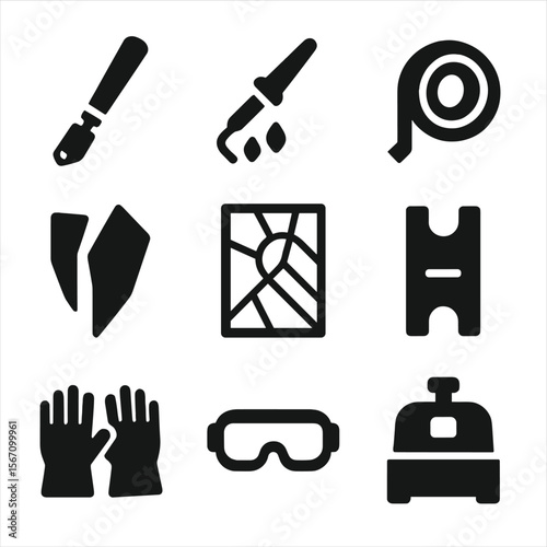 Stained Glass Tools Icons. Solid, filled icon set of stained glass tools and materials: glass cutter, soldering iron, copper foil,
