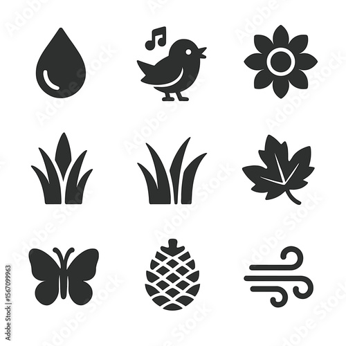 Nature Icons Grid. Solid, filled icons set of nature elements during early morning jog: dew drop, chirping