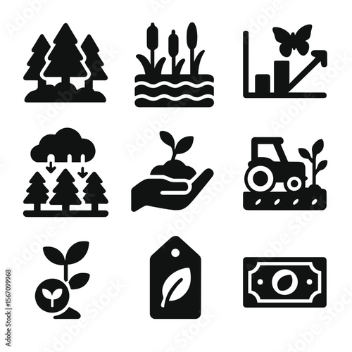Nature Investment Icons. Solid, filled icons set of investment in nature-based solutions: reforestation icon,