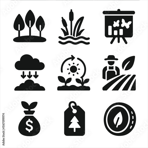 Nature Investment Icons. Solid, filled icons set of investment in nature-based solutions: reforestation icon,