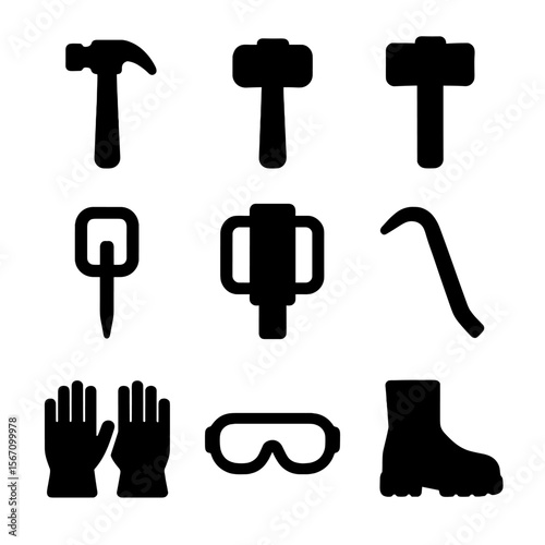 Stake Tool Icons. Solid, filled icon set of stake driving tools: hammer, mallet, sledgehammer, stake puller, post driver, crowbar,