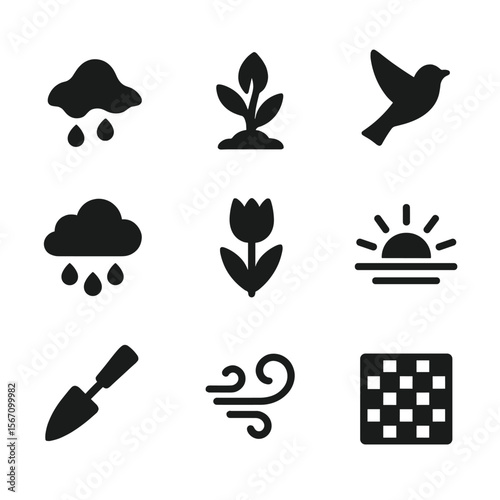 Spring Transition Icons. Solid, filled icon set of seasonal transitions to spring: melting snow, sprouting bud, migrating bird,