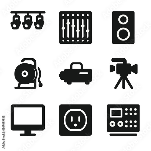 Stage Equipment Icons. Solid, filled icon set of stage equipment: lighting rig, soundboard, speaker, cable reel, fog machine,