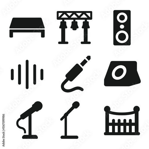 Stage Setup Icons. Solid, filled icon set of sound and stage setup: stage platform, lighting rig, speaker tower, mixing console,