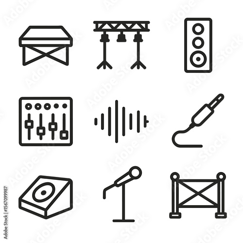 Stage Setup Icons. Solid, filled icon set of sound and stage setup: stage platform, lighting rig, speaker tower, mixing console,