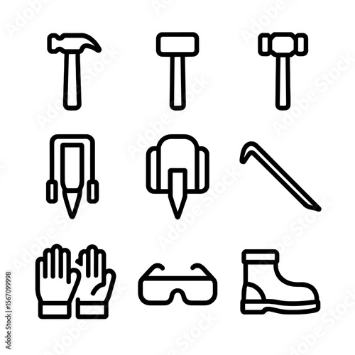Stake Tool Icons. Solid, filled icon set of stake driving tools: hammer, mallet, sledgehammer, stake puller, post driver, crowbar,